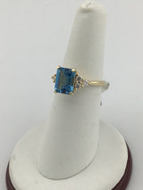 14KY Emerald Cut Blue Topaz With Diamonds Ring R213