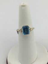 14KY Emerald Cut Blue Topaz With Diamonds Ring R213
