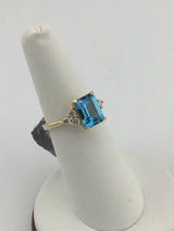 14KY Emerald Cut Blue Topaz With Diamonds Ring R213