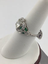 Platinum Vintage Diamond + Emerald Ring R379