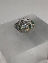 Platinum Vintage Diamond + Emerald Ring R379