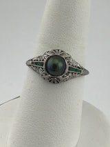 10KW Vintage Diamond+Emerald+Tahitian pearl Ring R450