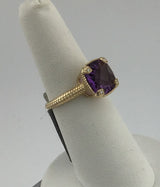 14KY Checkerd board cut Amethyst + Diamond Ring R499